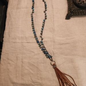 Handmade Bohemian Blue gemstones, Brown Crochet and Tassel Beaded Necklace. NEW